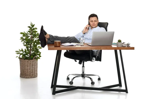 Successful Happy Businessman Working Laptop Having Phone Conversation Client — Stock Photo, Image