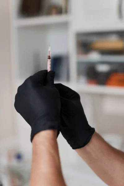 Physician Hand Black Gloves Syringe Injection — Stock Photo, Image