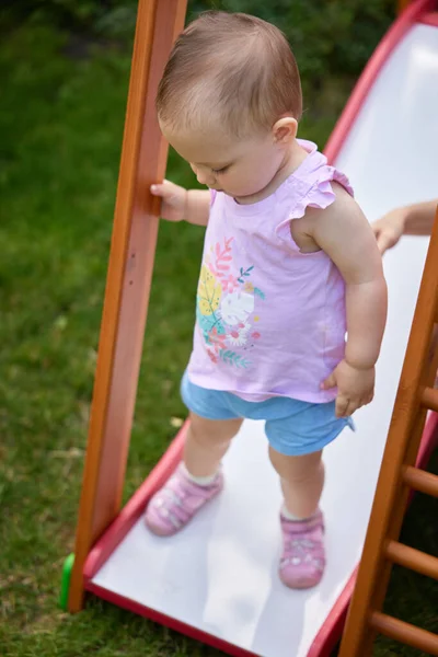 Baby Girl Playing Slider Playground Summer — Stock Photo, Image