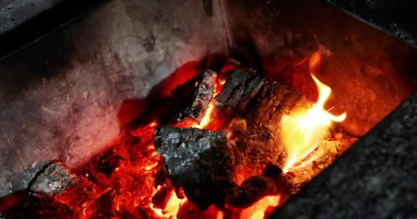 Burning Wood Bright Flame Fireplace Close — Stock Video