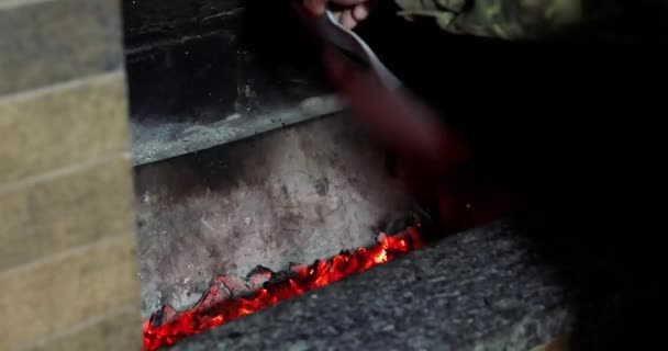 Close Hot Coals Smolder Beautiful Red Coals Fireplace — Stock Video