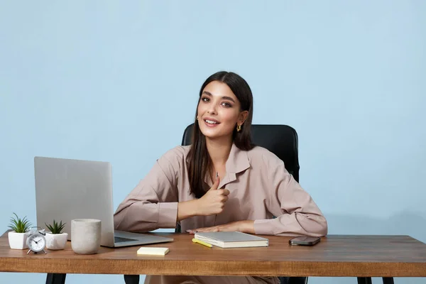 Happy Lady Showing Thumbs Sign Gesture Sitting Desk Using Laptop — Stock Photo, Image