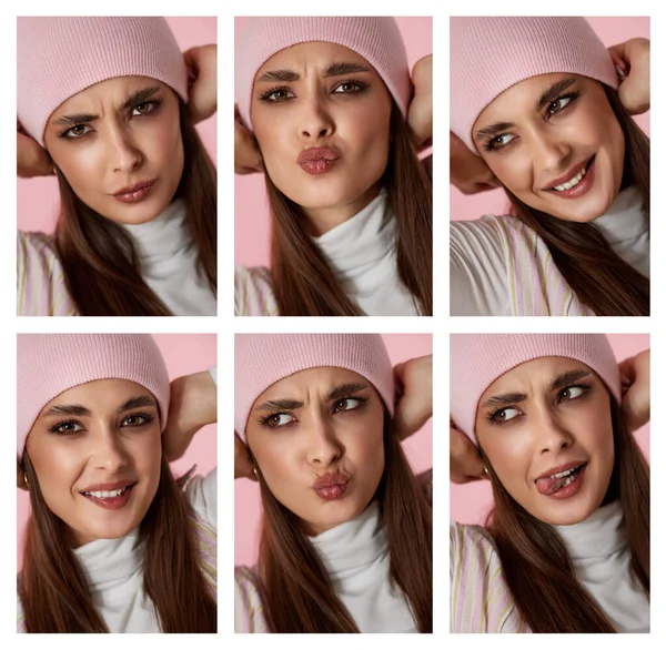 Σύνολο Όμορφη Γυναίκα Στο Καπέλο Που Δείχνει Διαφορετικά Συναισθήματα Εκφράσεις — Φωτογραφία Αρχείου