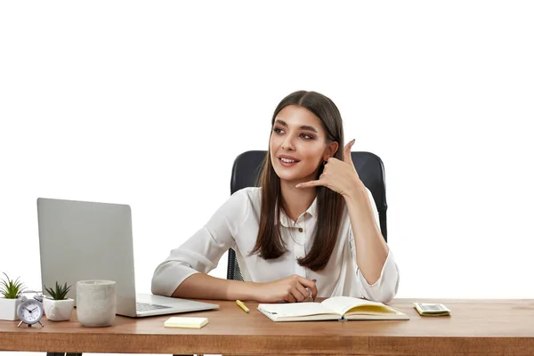 Positive Beautiful Woman Using Laptop Doing Talking Telephone Gesture Call — Stock Photo, Image
