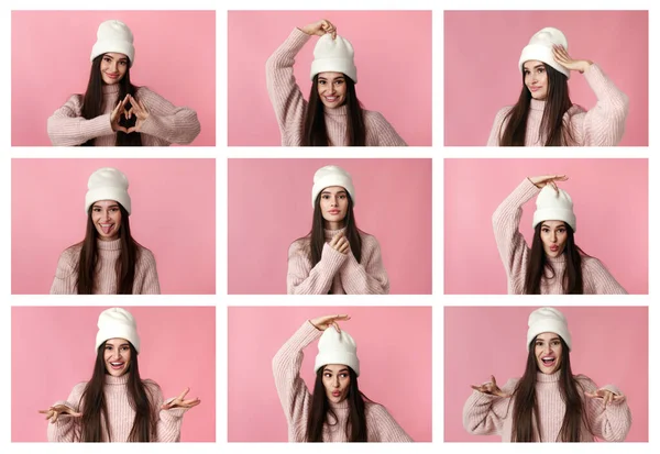 Набор Красивой Женщины Белой Шляпе Показывает Различные Эмоции Лица Выражения — стоковое фото