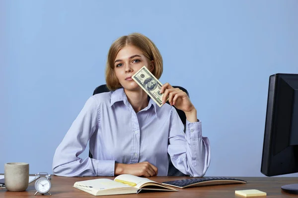Satisfied Successful Businesswoman Holding Money While Sitting Chair Desk — Stock Photo, Image