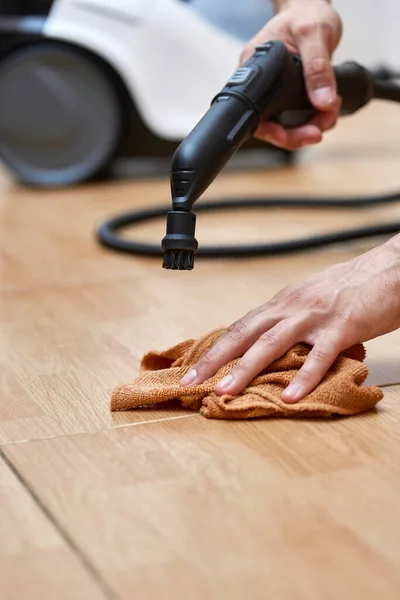 Male Hand Professional Cleaning Steam Generator Cleaning Tiled Floor Home — Stock Photo, Image