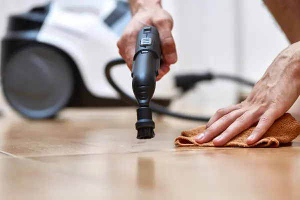 Male Hand Professional Cleaning Steam Generator Cleaning Tiled Floor Home — Stock Photo, Image