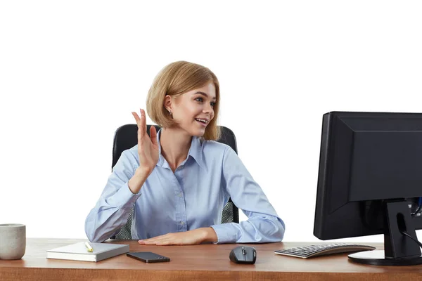 Blonde Businesswoman Talking Video Call Client Sitting Chair Desk — Stock Photo, Image