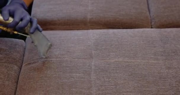 Pembersihan Pelapis Sofa Dengan Pembersih Vacuum Cleaner Profesional Menghapus Kotoran — Stok Video