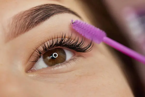 master combs the eyelashes of the client after the eyelash extension procedure. close-up. Cosmetology and skin care