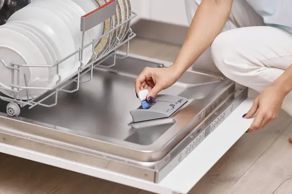Female Hand Puts Dishwasher Tablet Open Automatic Built Dishwasher Machine — Stock Photo, Image