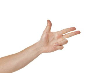 Erkek el, beyaz arka planda ateş etme hareketi yapıyor..