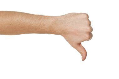 Erkek eli beyaz arkaplanda baş parmak işareti gösteriyor