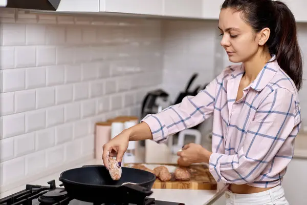 Woman Preparing Meat Cutlets White Kitchen — Stock Photo, Image