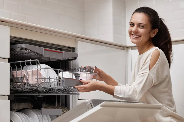 Attractive Woman Unloading Cup Open Automatic Built Dishwasher Machine Clean — Stock Photo, Image