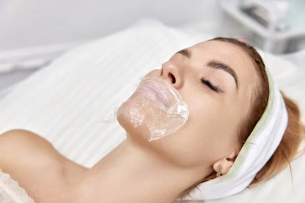 Woman Anesthetic Cream Lips Injecting Hyaluronic Acid Lip Augmentation Procedure — Stock Photo, Image