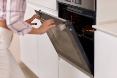 Kadın elleri modern mutfak fırınına bir kap erik hamuru koyar..