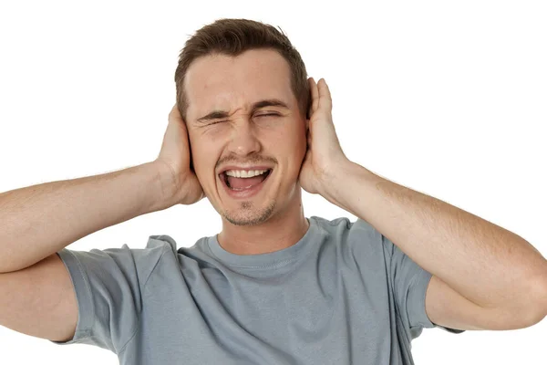 Caucasian Man Shirt Covers Ears Hands White Background — Stock Photo, Image