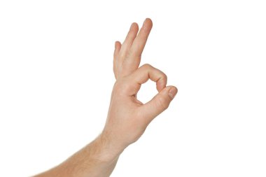 Erkek eli, beyaz arkaplanda iyi niyet göstergesi.