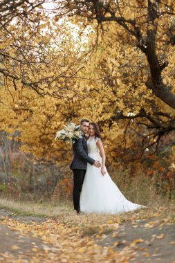 Beyaz gelinlik içinde güzel şehvetli gelin ve damat doğal arka planda dikiliyorlar.