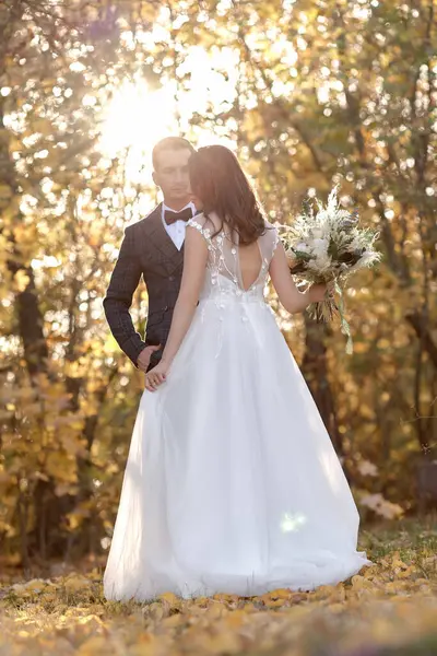 Красивая Невеста Белом Свадебном Платье Жених Смотрят Друг Друга Солнечный — стоковое фото
