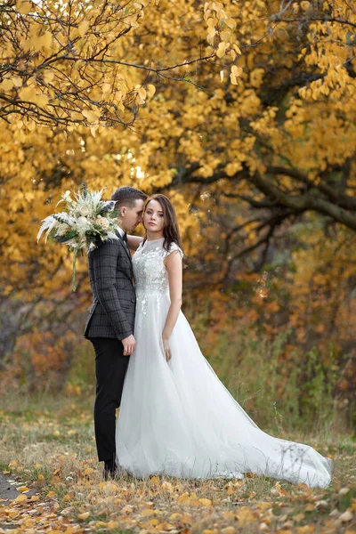 Schöne Sinnliche Braut Weißem Brautkleid Und Bräutigam Freien Auf Natürlichem — Stockfoto