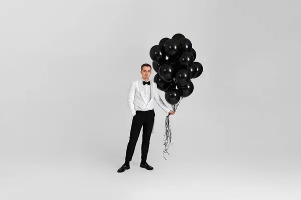 Elegant Caucasian Man White Suit Tuxedo Black Air Balloons White — Stock Photo, Image