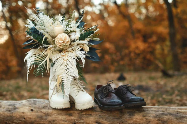 bride and groom shoes, wedding bouquet outdoor. wedding concept