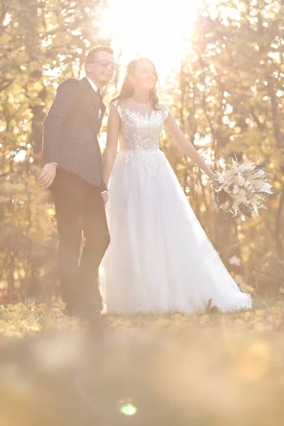 Schöne Braut Weißen Hochzeitskleid Und Bräutigam Stehen Draußen Auf Natürlichem — Stockfoto