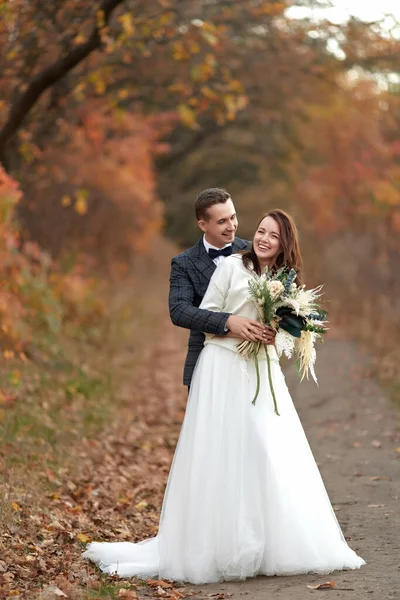 Bride Wedding Dress Groom Standing Countryside — стоковое фото