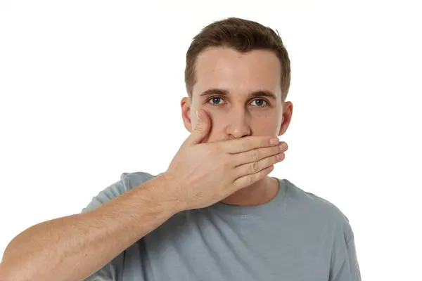 Man Covering Mouth Hands White Background Stock Photo