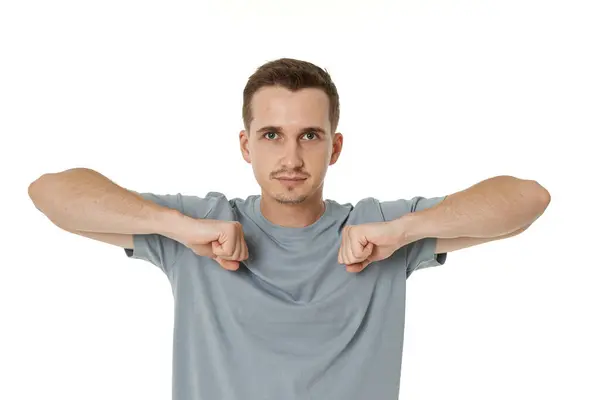Young Man Having Two Arms Head — Stock Photo, Image