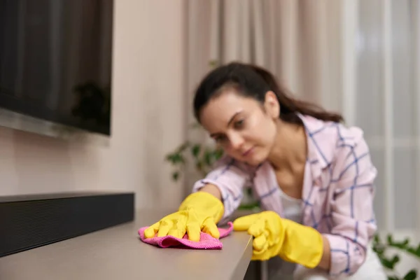 Young Woman Gloves Cleaning Wiping Table Microfiber Cloth Chores Home — Stock Photo, Image