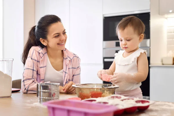 Mother Little Baby Girl Preparing Dough Kitchen Child Cooking Cookies — Stock Photo, Image