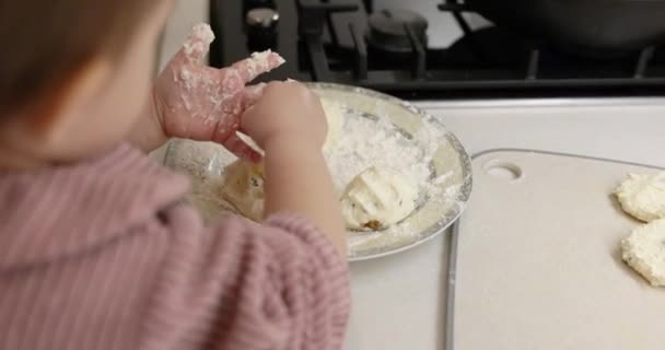 Mom Cute Little Child Daughter Forming Dough Homemade Cottage Cheese — Stock Video