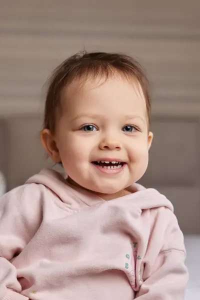 Cute Little Baby Girl Smiling Pink Shirt Bedroom — Stock Photo, Image