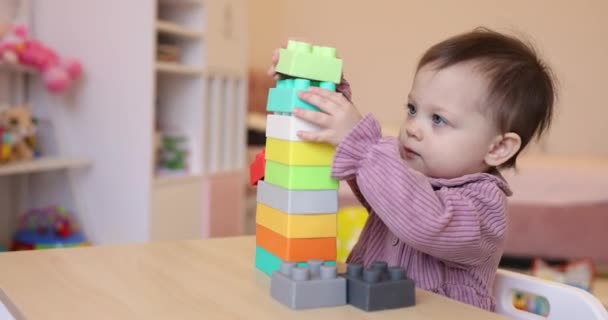 Adorable Caucasian Little Child Girl Playing Construction Blocks Table Her — Stock Video