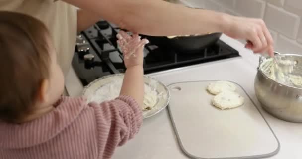 Mom Cute Little Child Daughter Preparing Cottage Cheese Pancakes Happy — Stock Video