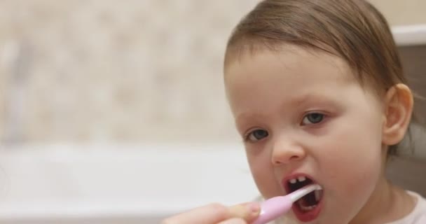 Słodkie Mała Dziewczynka Mycie Zębów Różową Szczoteczką Zębów Łazience — Wideo stockowe