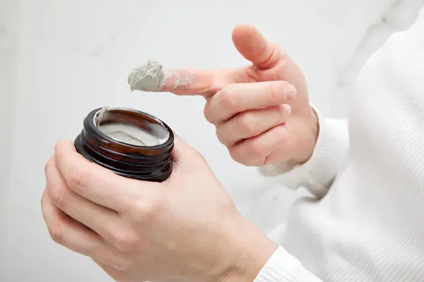 Female Hand Takes Clay Face Mask Jar Home Spa Close Stock Photo