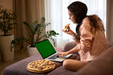 Kafkas kadın dizüstü bilgisayarda çalışıyor ve oturma odasındaki kanepede pizza yiyor.