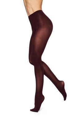 Beyaz arka planda, bordo taytlı, uzun ve güzel kadın bacakları.