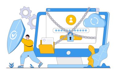 Pin kodu ve kilit zinciri olan düz veri koruması, bilgi gizlilik koruması veya internet güvenliği kavramı. İniş sayfası, web pankartı, bilgi grafikleri, kahraman resimleri için tasarım çizimi.