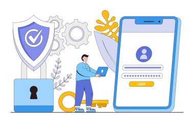 Korumalı erişim kontrol gizlilik veri koruma kavramına sahip düz kişisel veri güvenliği. İniş sayfası, web pankartı, bilgi grafikleri, kahraman resimleri için tasarım biçimi asgari vektör çizimi.