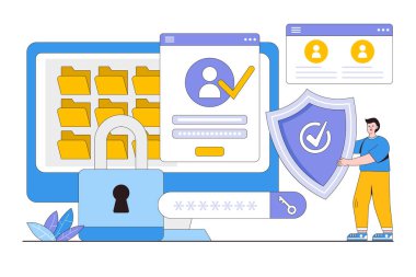 Sabit kişisel siber uzay veri güvenliği kullanıcısı koruma ağı erişim konseptinde kalkan günlüğü kullanıyor. İniş sayfası, web pankartı, bilgi grafikleri, kahraman resimleri için tasarım biçimi illüstrasyonu.