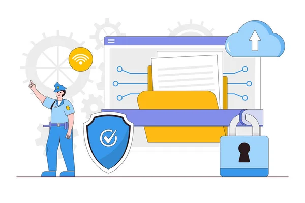 Proteção Dados Cibernéticos Plana Line Com Guarda Segurança Conceito Dados — Vetor de Stock