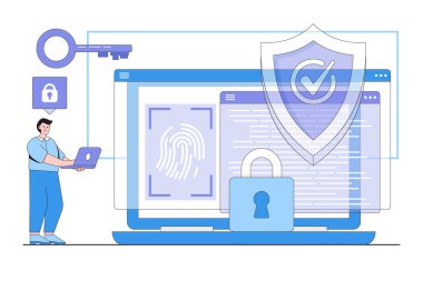 İnsan karakterli düz veri güvenliği kavramı. İniş sayfası, web pankartı, bilgi grafikleri, kahraman resimleri için kullanılabilir.