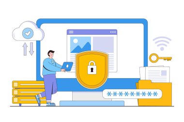 İnsan karakterli düz veri koruması kavramı. İniş sayfası, web pankartı, bilgi grafikleri, kahraman resimleri için tasarım biçimi asgari vektör çizimi.