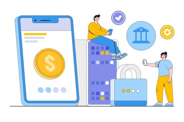 İnternette sabit güvenlik, korunan işlem ödemesi, mobil banka uygulaması konsepti. İniş sayfası, web pankartı, kahraman resimleri için tasarım biçimi asgari vektör çizimi.